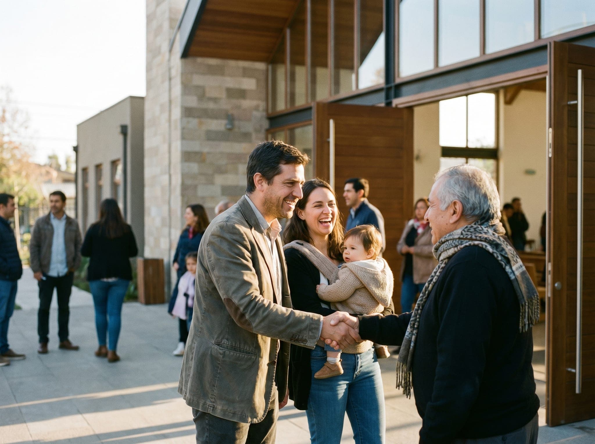 Una familia es recibida en la entrada de la iglesia