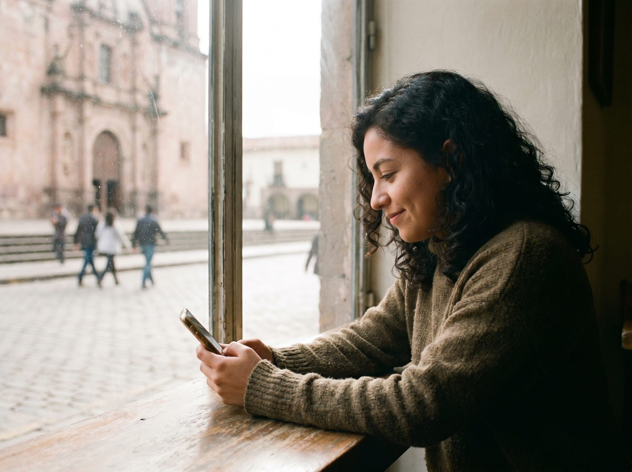 Una joven descubre la iglesia desde su celular, en un café